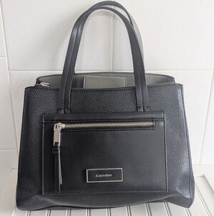 Calvin Klein Black Leather Tote with Front Zip Pocket